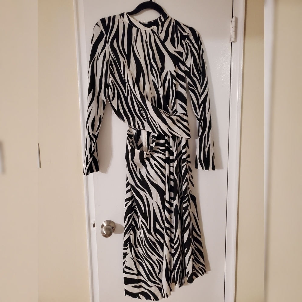Zebra Patterns Flared Long Sleeves High-Neck Dress - Picture 6 of 15